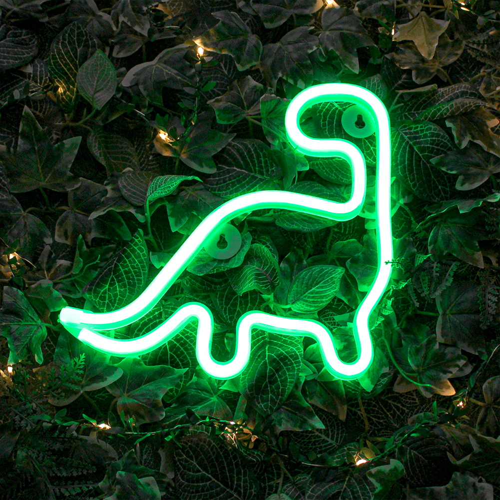 Neon dinosaur store sign